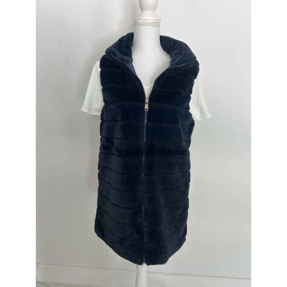 Le Moda Midnight Blue Mob Wife Faux Fur Longline Zip Up Vest Small Old Money